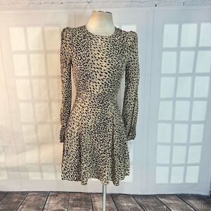 & Other Stories Cheetah Long Puff Sleeve Fit & Flare Mini Dress Brown Size 4